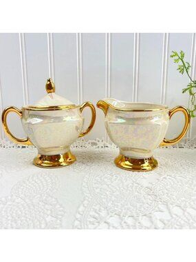 Vintage Cream & Sugar Set Iridescent Pearl With Heavy Gold Trim